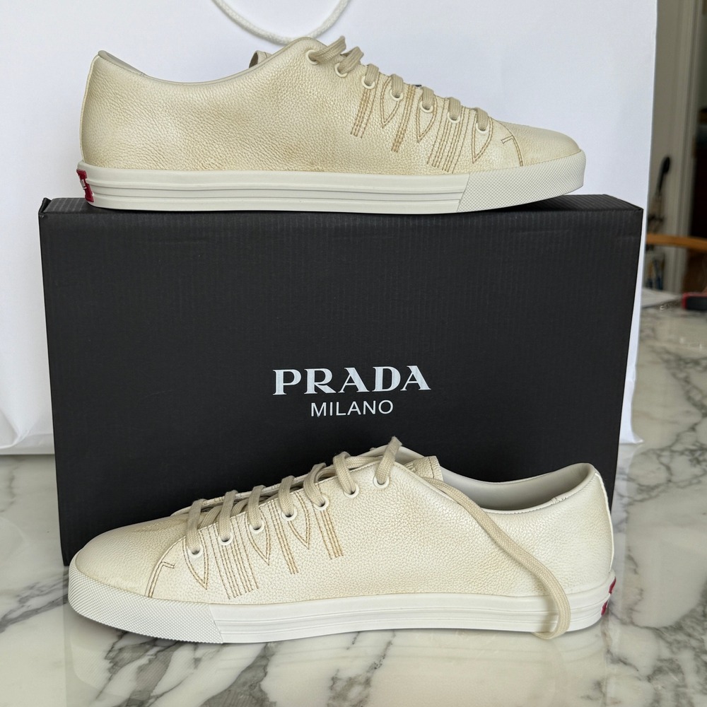 Prada Milano 2EE448 Mens White Pebbled Leather Low Top Sneakers, UK 10 - Picture 3 of 16